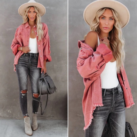 Vici Jackets & Blazers - VICI- Thinking Out Loud Cotton Distressed Denim Jacket Lightweight Shacket